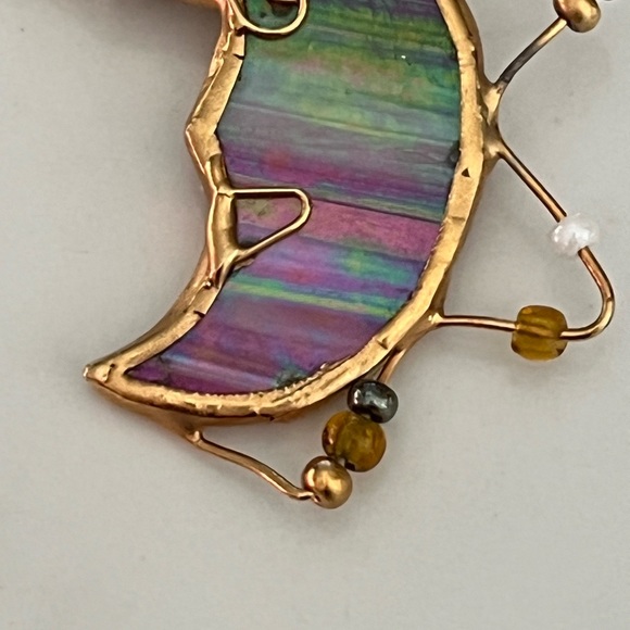 Very cool pink/green/blue/gold color pin.  Beads hanging from moon shaped pin. - Picture 3 of 7